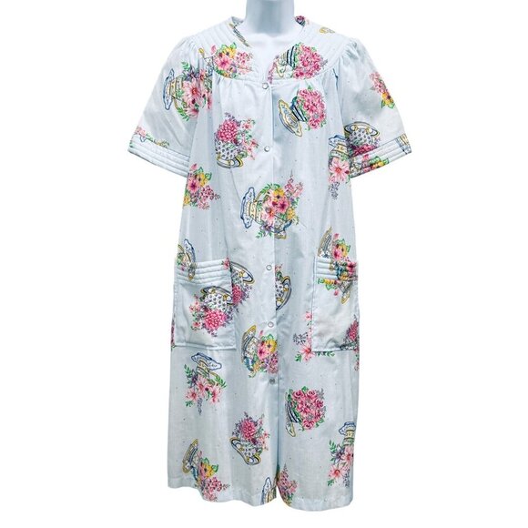 VTG Fundamentals House Coat Dress Robe Tea Cup Floral Granny Cottage Blue Size M - Picture 1 of 11
